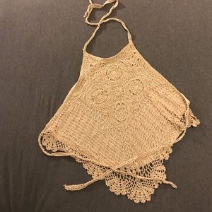 Gold crochet halter neck open back top